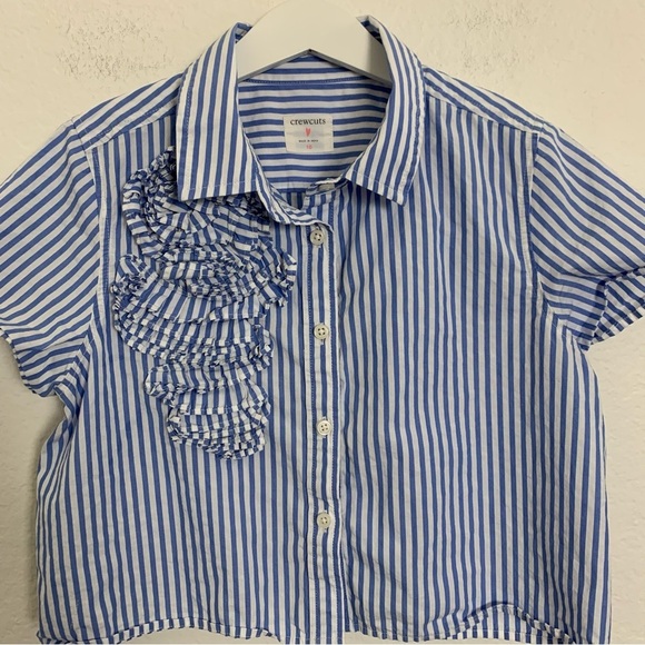 J Crew Crewcuts Cropped Button Up Striped Shirt Ruffle Accent Girls 10 - Picture 7 of 11